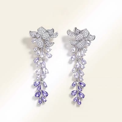 Fonkelende Wisteria Bloem Oorbellen met Kwastjes – Luxe Statement Oorbellen met Lavendel Kristallen – Grote Hangoorbellen