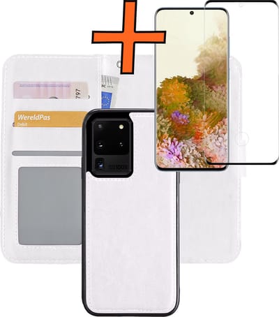 Hoes - 2 in 1 - Geschikt voor Samsung Galaxy S20 Ultra - Met Screenprotector - En Uitneembare Hard Cover - Bookcase - Wallet Case - Met Pasjeshouder - Book Case - Uitneembaar - Pashouder - Kunstleer - Wit