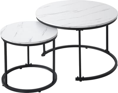 Salontafel Set Van 2-Ronde Bijzettafel Set-Ruimtebesparend-Stapelbaar-50 kg Draagkracht – Woonkamer Interieur – 70,5x50 cm-Wit Marmer