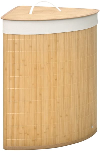 Pugsdrly 55 L wasmand met deksel, handvat, wassorteerder met uitneembare waszak voor badkamer, bamboe, naturel