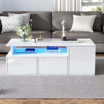 Pugsdrly 100*50*35 cm salontafel met LED, salontafel, salontafel met 2 lades, salontafel met een totaal draagvermogen van 60 kg, witte salontafel met veel opbergruimte