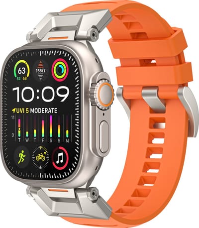 Stravo Fluorrubber Horlogebandje – Geschikt voor Apple Watch 46mm (Series 11/10), 45mm (Series 9/8/7), 44mm (Series 6/5/4, SE 3/2/1), 49mm (Ultra 3/2/1) – Rugged Sportbandje met Metalen Connector – Oranje