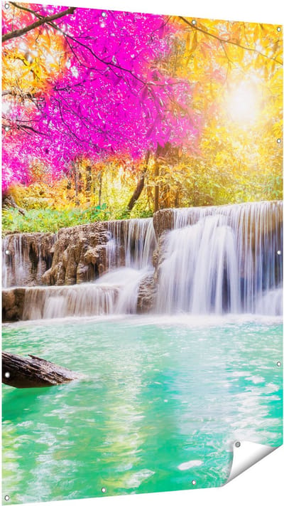 Gards Tuinposter Waterval met Groen Water en Roze Bladeren - 120x180 cm - Tuindoek - Tuindecoratie - Wanddecoratie buiten - Tuinschilderij