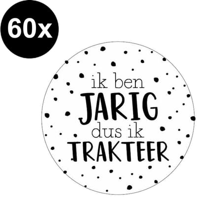 60x Sticker Ik Ben Jarig Dus Ik Trakteer - Zwart/Wit - Sluitsticker - Sluitzegel - Verjaardag - Feeststicker Presentje - Enveloppe - Cadeau - Gift - Cadeauzakje - Traktatie - Leuk inpakken - Sticker - 40mm - 60 Stuks