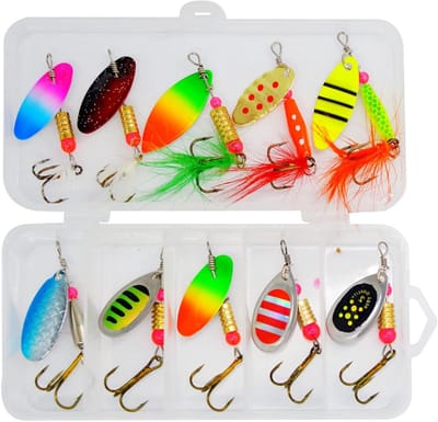 Complete Set van 10 Stuks Spinner Visaas, Lepelset voor Forel, Kunstmatige Aas en Wobbler met Opbergdoos