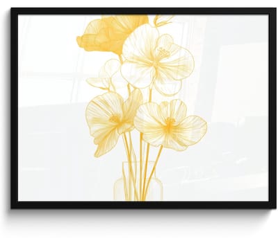 Poster in lijst - Fotolijst 70x50 cm - Posters - Lijntekening - Bloemen - Geel - Vaas - Posterlijst zwart - Decoratie - Wanddecoratie woonkamer - Muurdecoratie slaapkamer