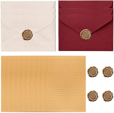 Dailygoods- Briefpapierset Vintage - 6 Linnen Enveloppen - 10 Vellen Briefpapier - Waszegelstickers - Bruiloft/Uitnodigingen - Papiermateriaal