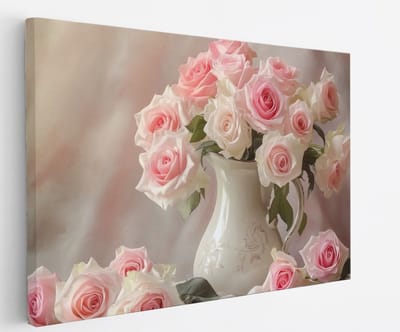 Saammp Canvas Schilderij - Roze bloemen in overvolle vaas - Natuur - Abstract - 45x30 - Foto op canvas - Wanddecoratie - Muurdecoratie Woonkamer - Woonkamer Decoratie