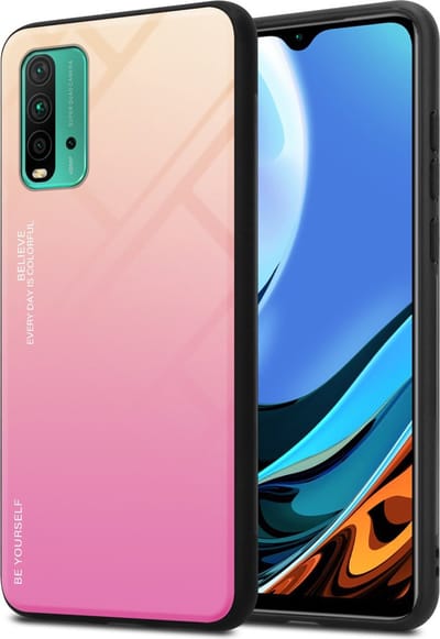 Cadorabo Hoesje geschikt voor Xiaomi RedMi 9T / POCO M3 in GEEL - ROZE - Tweekleurige beschermhoes van TPU-silicone Case Cover en achterzijde van gehard glas