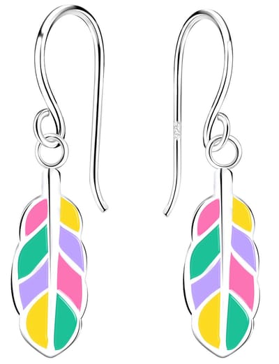 Joy|S - Zilveren veer bedel oorbellen - veertje multicolor - oorhangers - kinderoorbellen