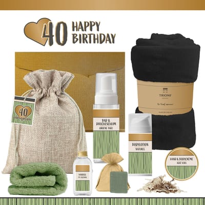 Geschenkset “40 Happy Birthday” - 8 producten - 1140 gram - Triomf Cosmetica | Luxe wellness Cadeaubox voor haar Giftset Feestje Verjaardag Veertig jaar Cadeau Pakket Gefeliciteerd Verjaardagscadeau Vrouw Party Forty Years Hartje Goud Groen Zwart