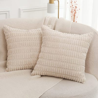 Set van 2 beige gestreepte corduroy boho kussenslopen 45x45 cm - super zachte decoratieve kussenslopen voor bank en slaapbank
