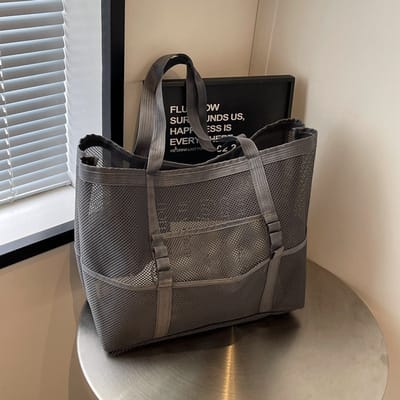 Mesh Strandtas – Multifunctionele Mesh Tote – Strandtas – Opvouwbaar & Anti-zand – Voor Reizen, Zwembad & Dagje Uits – Grijs - Afmetingen: 44 × 20 × 39 cm