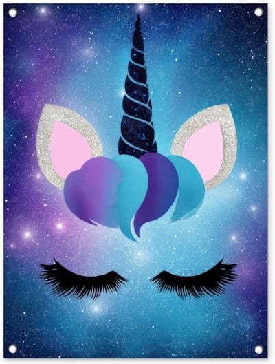 Tuinposter 60x80 cm - Tuindecoratie Eenhoorn - Sterren - Magisch - Blauw - Poster voor in de tuin - Buiten decoratie - Schutting tuinschilderij - Tuindoek muurdecoratie - Wanddecoratie balkondoek