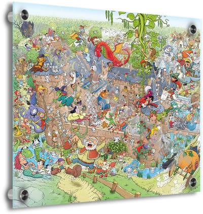Zoekplaat 50 Sprookjes en 101 Dalmatiërs - Roland Hols - Unieke cartoon op plexiglas - 40 x 40 cm - 5 mm dik - inclusief 4 afstandhouders zwart