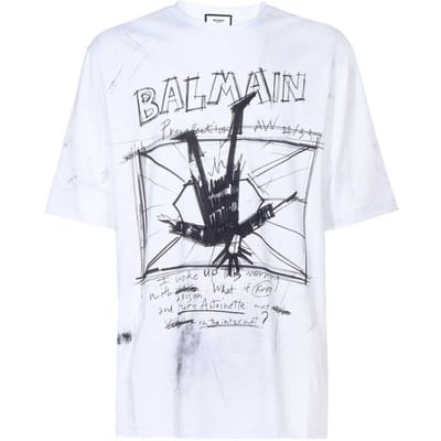 Balmain Schets Tekening Logo Wit T-shirt