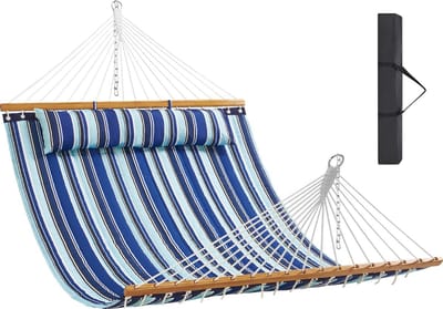 Dubbele Hangmat - 2 Personen - met Gebogen Spreidstok - Afneembaar Kussen - T-vormige Standaard - Draagbare Draagtas - Draagvermogen 200 kg - Blauwe en Witte Strepen