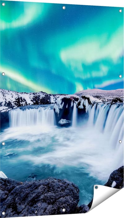 Gards Tuinposter Watervallen met het Groene Noorderlicht - 80x120 cm - Tuindoek - Tuindecoratie - Wanddecoratie buiten - Tuinschilderij