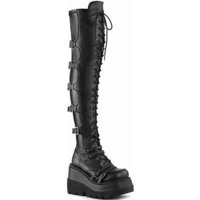 Dames Punk Edge Knielange Laarzen - Modieuze Platform Sleehak - Zachte Ronde Neus Veilig Vetersysteem - Duurzame Grove Zool 43 black