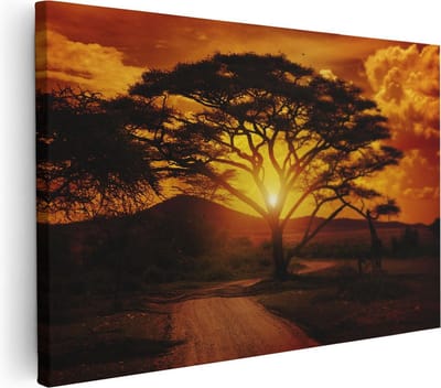 Artaza Canvas Schilderij Zonsondergang Afrika - 30x20 cm - Klein - Wanddecoratie Boom - Muurdecoratie Savanne - Schilderijen Op Canvas