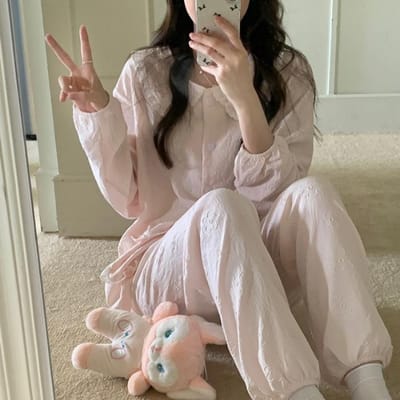 Damespyjama Herfst Lente Lange Mouw Zachte Nachtkleding Set Bloem Borduurwerk Cartoon Pyjama Vrouw Huis Nachtkleding Set Vest XXL gray