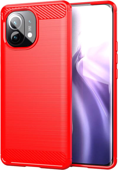 MobyDefend Hoesje - Geschikt voor Xiaomi Mi 11 - TPU Backcover - Geborstelde Metaal & Carbon-Look - Rood