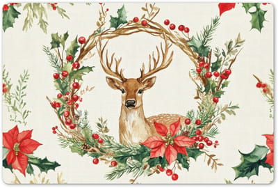 Placemats 45x30 cm - Placemat kunststof - 1 stuk - Kerstkrans - Hert - Hulst - Rood - Borden onderleggers - Decoratie voor op tafel - Keuken tafeldecoratie accessoires - Vinyl onderlegger - Tafelversiering