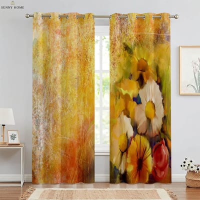 Aquarel Bloemenprint Gordijnen Pastorale Stijl Polyestervezel Machinewasbaar Slaapkamer Woonkamer Decoratieve Gordijnen 2 Stuks W50xH140(CM)x2PCS&Rod pocket