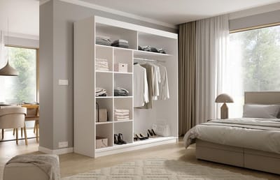 Sliding Door Wardrobe with Mirror 200 cm - Modern Bedroom Closet 200 x 215 x 59 cm White Storage Cabinet with Shelves & Hanging Rail