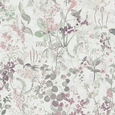 Bloemen behang Profhome 388251-GU vliesbehang hardvinyl warmdruk in reliëf gestructureerd met bloemmotief mat wit groengrijs roze parelmoer-donkerviolet 5,33 m2