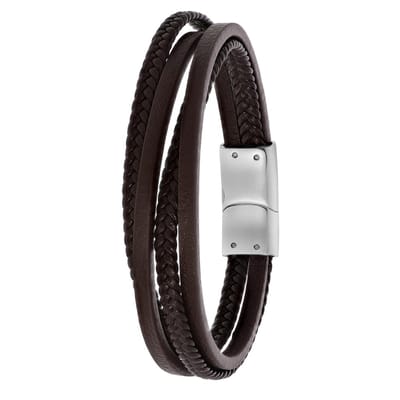 Lucardi Heren Armband bruin gevlochten leer - Leer - Armband - Vaderdag Cadeautje - 21 cm - Zilverkleurig