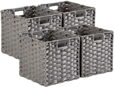 Manden, gevlochten van polypropyleen, 25 x 25 x 25 cm, vierkant, met handgrepen, waterdicht, schimmelbestendig, voor planken, kasten, badkamer (grijs)