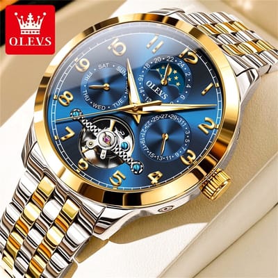 HO-7018.gz-bl : OLEVS mechanisch goud/zilverkl edelstalen Tourbillon horloge, oceaan blauw wijzerplaat, seconden Skeleton, dag & dag vd maand & 24u/maanfase -aanduiding