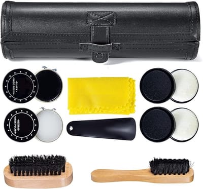 Famanu Schoenpoets Kit Reiniging Shine Care Barrel Set Voor Bruin Zwart Leer Met Borstel Travel Case Luxe Premium Zachte Paardenhaar Varkenshaar Dauber, Houten Applicator, Schoenlepel, Doek 9 Stuk Zwart