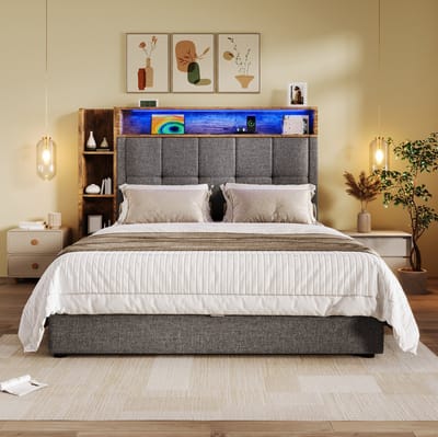 MEUNIQ gestoffeerd bed 90x200 cm met opbergruimte, hydraulische bedbox, USB en USB-C, LED-verlichting, hoofdbord met opbergvakken, slaapkamer, grijs