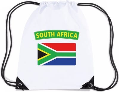 Zuid Afrika thema sporttas - nylon rijgkoord rugzak - wit met vlag print - supporters - 11 liter - 45 x 34 cm