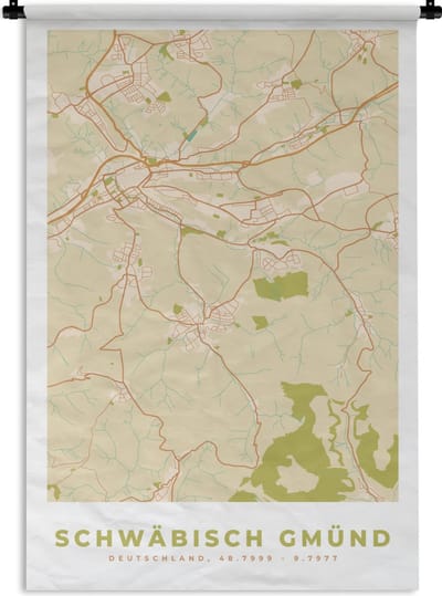 Wandkleed - Wanddoek - Kaart - Schwäb Gmünd - Vintage - Plattegrond - Stadskaart - 120x180 cm - Wandtapijt