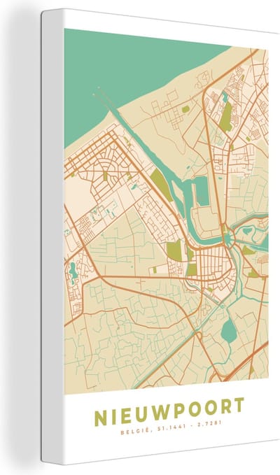Canvas Schilderij België - Plattegrond - Nieuwpoort - Kaart - Stadskaart - 20x30 cm - Wanddecoratie