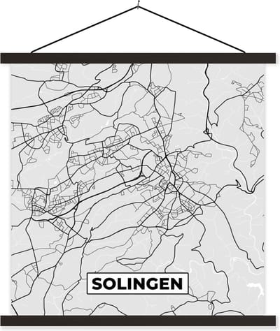 Posterhanger incl. Poster 60x60 cm - Schoolplaat - Plattegrond - Kaart - Stadskaart - Duitsland - Solingen - Textielposter - Zwarte latten - Stadskaart