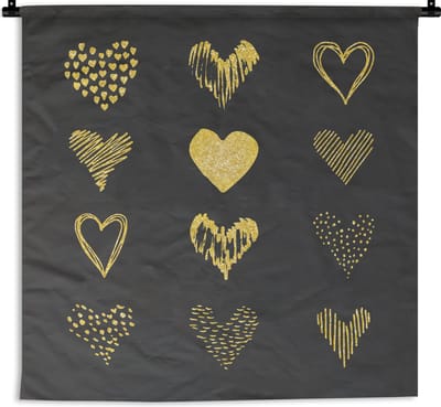 Wandkleed Goud Geverfd - Gouden getekende harten op zwart papier Wandkleed katoen 150x150 cm - Wandtapijt met foto