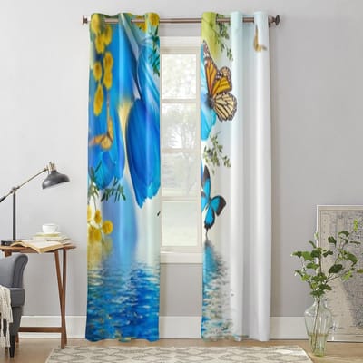 Blauwe Tulpen En Vlinder Raamgordijnen Voor Woonkamer Luxe Slaapkamer Decoratie Gordijnen Keuken Raambekleding Gordijnen 135W x 60H(cm) x1 blue