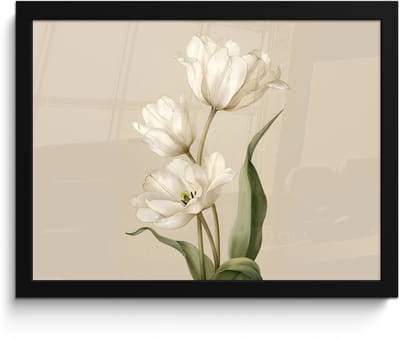 Poster in lijst - Fotolijst 40x30 cm - Posters - Tulpen - Wit - Bladeren - Posterlijst zwart - Decoratie - Wanddecoratie woonkamer - Muurdecoratie slaapkamer