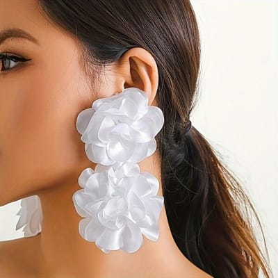Overdreven Dubbele Stoffen Bloem Design Hangoorbellen Boheemse Vakantie Stijl Delicate Feestdag Oorsieraden black
