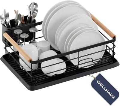 Thijox - Afdruiprek voor Servies, Ruimtebesparend Afdruiprek van Roestvrij Staal, Bordenorganizer met Bestekhouder, Zwart, Ideaal voor Keuken en Werkb