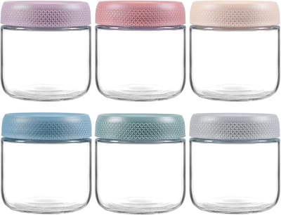 KZQ Zes glazen potten van 350 ml in verschillende kleuren, elk met een afsluitdeksel; ideaal voor het bewaren van havermout, blikvoer, snacks, yoghurt, kruiden en suiker.