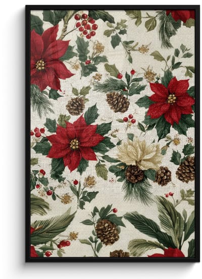 Poster in lijst - Fotolijst 80x120 cm - Posters - Feestelijk - Textielpatroon - Kerstbloemen - Kleurrijk - Posterlijst zwart - Decoratie - Wanddecoratie woonkamer - Muurdecoratie slaapkamer - Kerstversiering - Kerstdecoratie voor binnen - Kerstmis