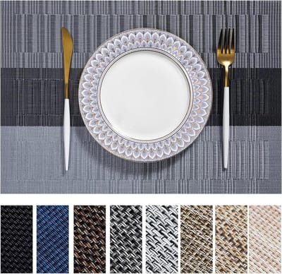 Placemats Set - Tafelmatten Geweven - Tafel Beschermen - Zwaar Vinyl Materiaal - 12 stuks 43x30 cm - Zilver Grijs Zwart