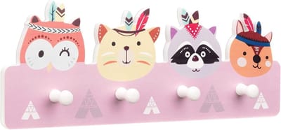 SNJY® Kinderkapstok - Kapstok Kind - Kinderkast - 4 Kapstokhaken - Dieren - Roze