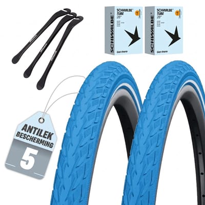 2-delige set Schwalbe fietsbanden Delta Cruiser Plus HS 431 28 x1.40 inch (37-622) blauw + DV binnenbanden + 3x MSZweirad bandenlichters