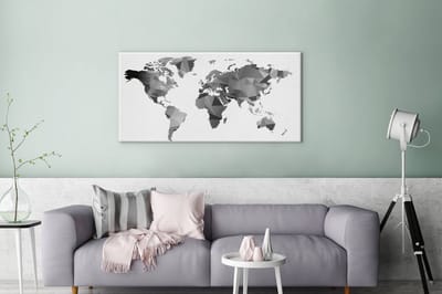 Wereldkaart zwart - grijs - wit - canvas | Wereldkaart Canvas Schilderij 100x50 cm